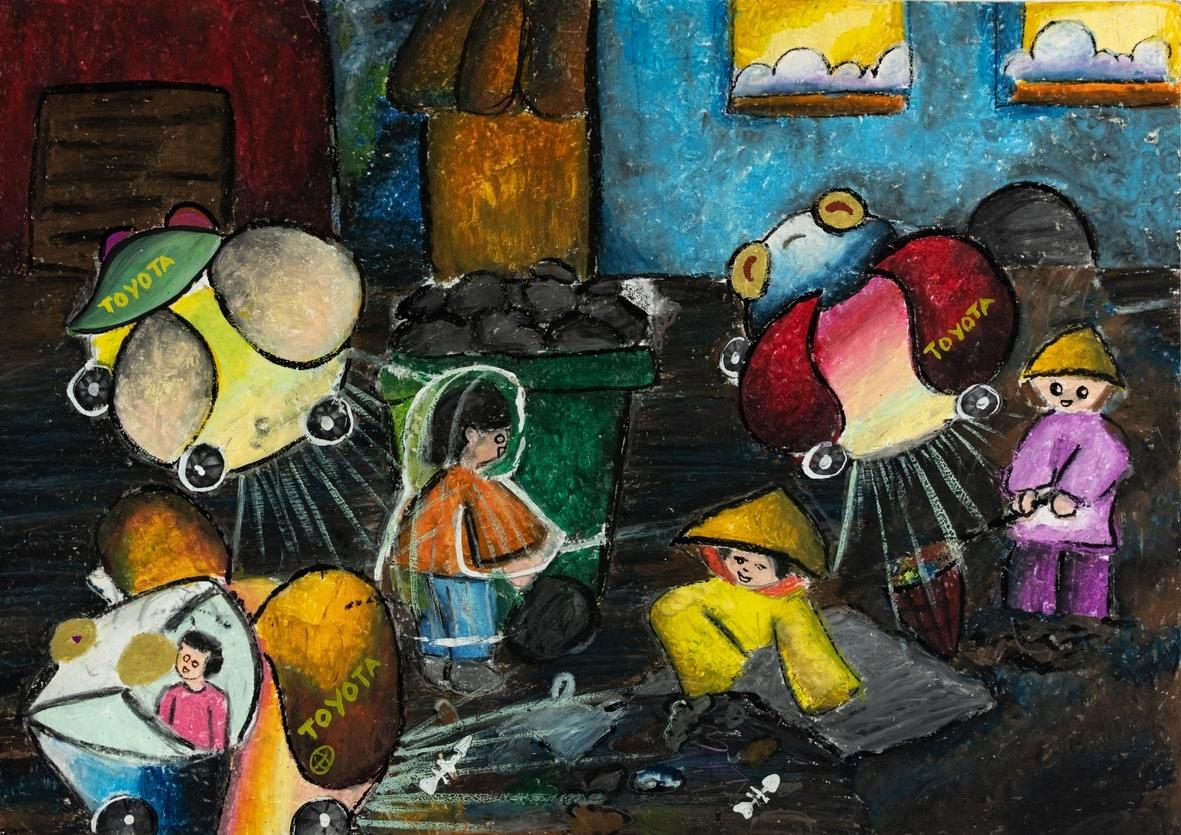 Chiếc xe đom đóm bay giữa trời đêm mang lại ánh sáng cho cô chủ lao công làm việc đỡ phần nặng nhọc hơn