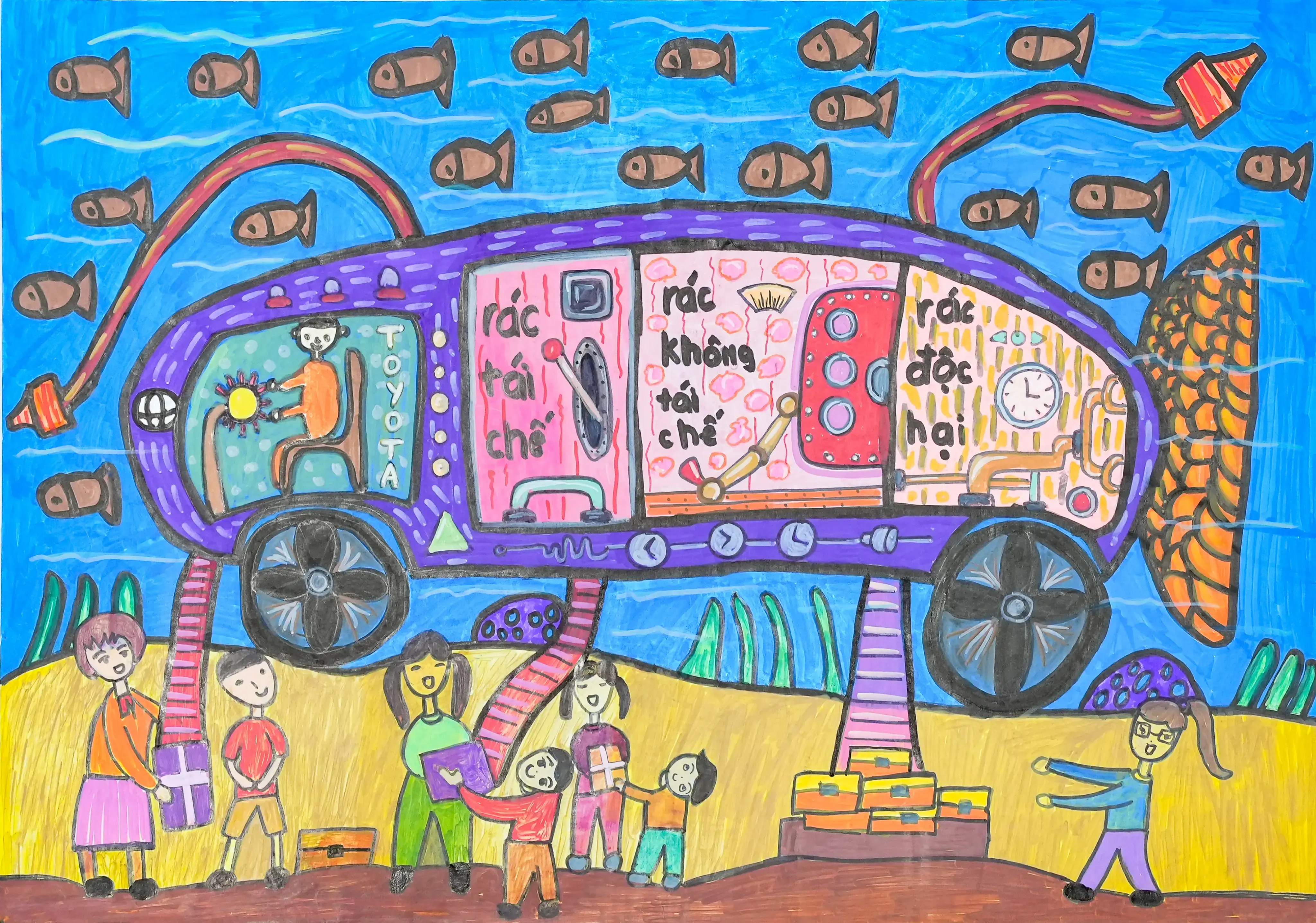 Ô tô tái chế rác thải nhựa trên biển tạo thành vật dụng thiết yếu miễn phí cho con người. Xe hoạt động tự động bằng năng lượng từ thiên nhiên